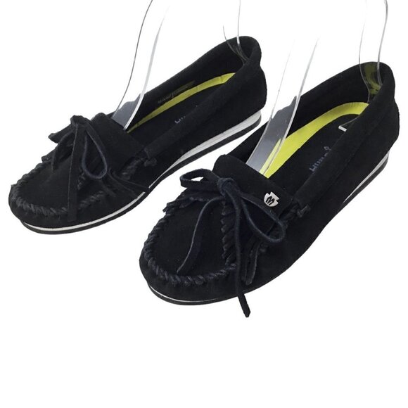 Minnetonka Moccasins Black Kilty Fringe Suede Hardsole Size 5.5 Driving Moc 4300 - Picture 1 of 9